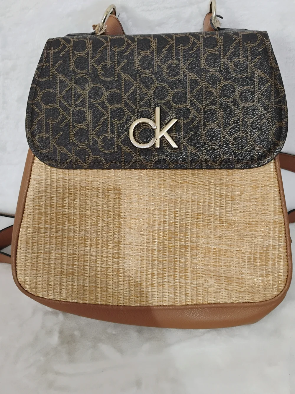 Calvin Klein Monogram‎ Straw Flap Backpack Purse Bag See Photos O